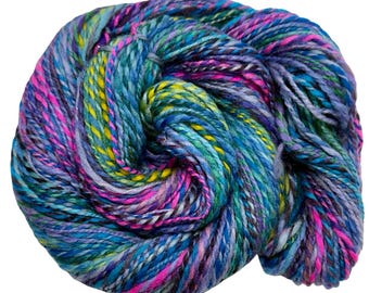 Handspun yarn Random Jewel Tones 84 yards blue teal pink green yellow yarn 2 ply falkland wool handdyed worsted knitting weaving crochet