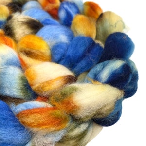 Hand Dyed BFL wool top Cowboy 6.13 oz blue brown white gold blue faced leicester BFL roving spinning fiber felting fiber image 2