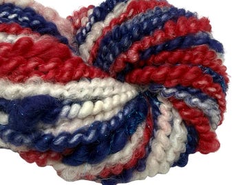 Super Bulky Spiral Ply Bobble Coil Yarn 70 yards 4th of July sparkly red white blue coiled corespun art yarn merino wool knitting