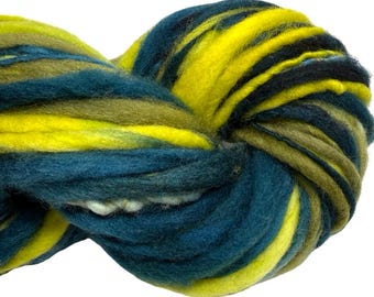 Super Bulky Handspun Yarn Everglades 68 yards thick thin blue teal green yellow  hand dyed merino weaving knitting crochet weaving