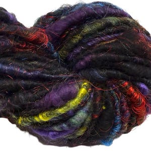 Super Bulky Handspun Yarn Northern Lights 74 yards black rainbow sparkly corespun art yarn merino wool weaving knitting crochet