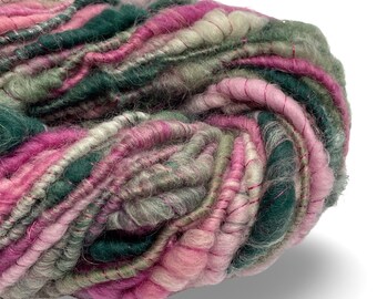 Super Bulky Handspun Yarn Dianthus II 62 yards pink green white corespun yarn bamboo viscose firestar merino wool weaving knitting crochet