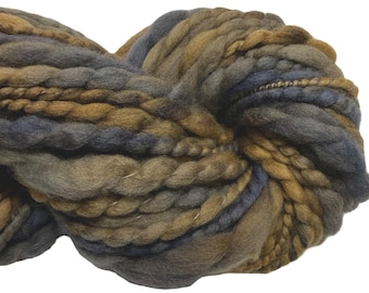 Super Bulky Handspun Yarn Driftwood 50 yards spiral plied navy blue khaki brown yarn hand dyed merino wool  knitting supplies crochet