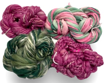 4 Mini Skeins Super Bulky Handspun Yarn total of 92 yards pink green white thick thin hand dyed merino wool weaving knitting crochet weaving