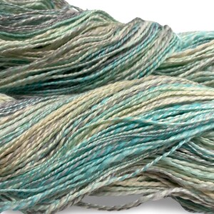 Handspun yarn Easy Breezy 480 yards turquoise blue green ecru yarn 2 ply, tussah silk polwarth wool handdyed DK knitting weaving crochet image 3