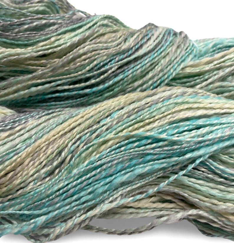 Handspun yarn Easy Breezy 480 yards turquoise blue green ecru yarn 2 ply, tussah silk polwarth wool handdyed DK knitting weaving crochet image 3