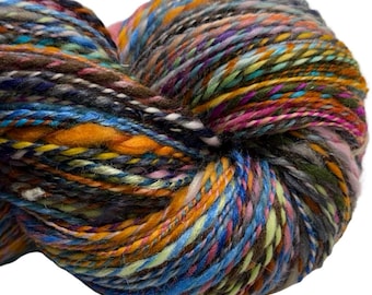Handspun Rainbow Yarn: Waste Not Want Not 2026-10 408 yards 2 ply recycled reused Wool, Silk, Alpaca, Mohair Blend