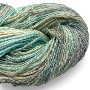 Handspun yarn Easy Breezy 480 yards turquoise blue green ecru yarn 2 ply, tussah silk polwarth wool handdyed DK knitting weaving crochet image 4