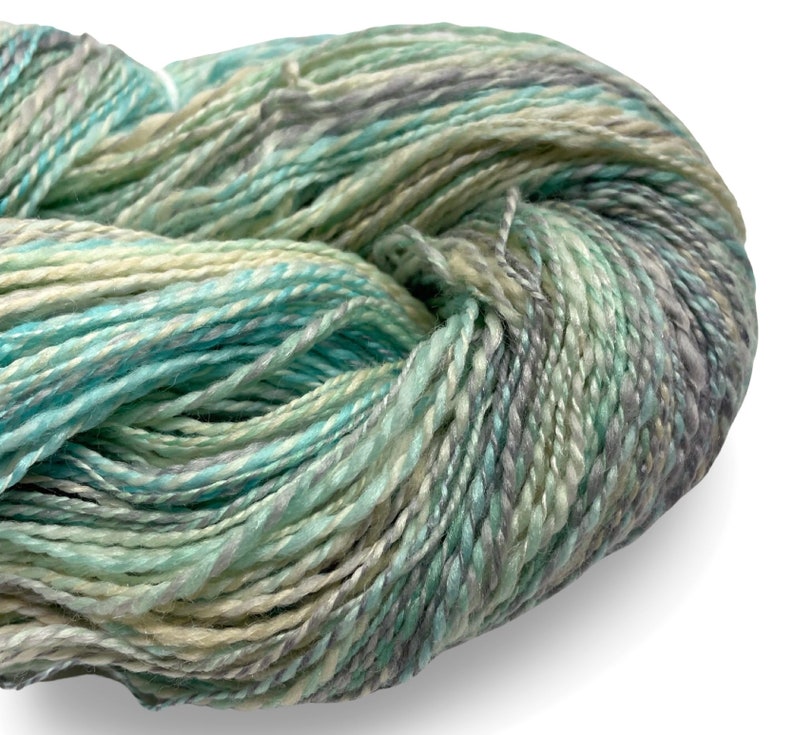 Handspun yarn Easy Breezy 480 yards turquoise blue green ecru yarn 2 ply, tussah silk polwarth wool handdyed DK knitting weaving crochet image 4