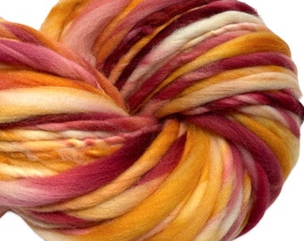 Super Bulky Handspun Yarn Lei 108 yards mauve vermillion pink orange white sunset thick thin hand dyed merino wool weaving knitting crochet.