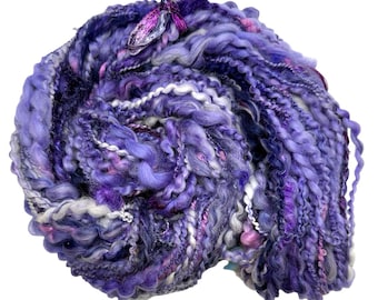Super Bulky Handspun Yarn Purple Puffs 62 yards violet spiral plied thick thin hand dyed wool sari silk sparkle knitting crochet weaving