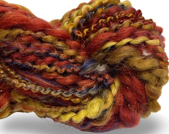 Super Bulky Handspun Yarn Seventies 42 yards burnt orange gold navy blue spiral plied thick thin hand dyed merino wool knitting crochet