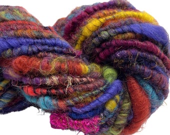 Fils filés à la main super volumineux, acte de fibre aléatoire, 60 mètres, fils de soie sari multicolores arc-en-ciel, teints en laine tissage à tricoter au crochet