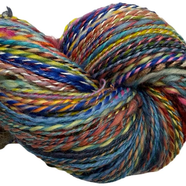Handspun yarn Waste Not Want Not 54, 334 yards rainbow yarn wool bamboo silk mohair alpaca hemp angora knitting crochet supplies sari silk