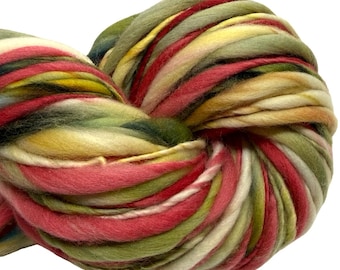 Super Bulky Handspun Yarn Christmas Lights 150 yards green red yellow thick thin hand dyed merino weaving knitting crochet weaving