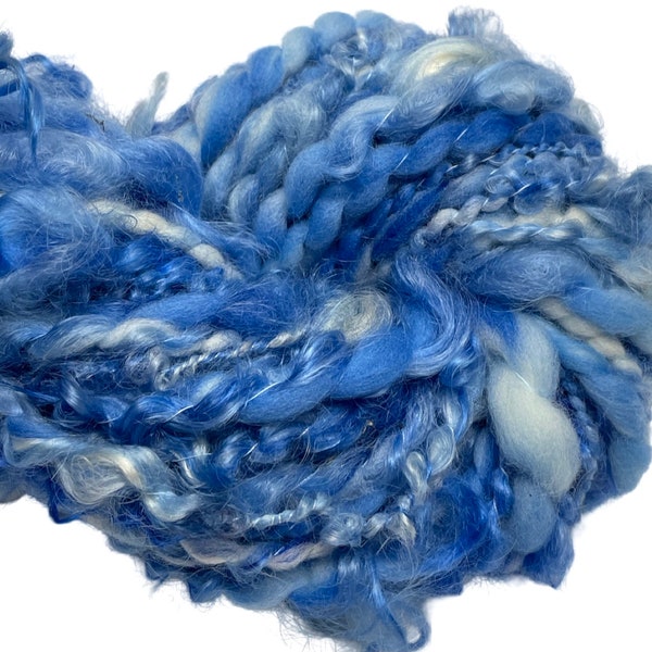 Super Bulky Handspun Yarn Skies of Blue 64 yards royal blue white spiral plied thick thin hand dyed merino wool knitting crochet weaving