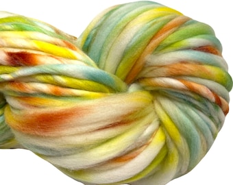 Super Bulky Handspun Thick and Thin Yarn Daisy 115 yards yellow orange white green merino wool weaving knitting supplies crochet