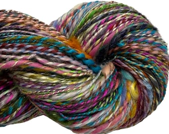 Handspun Rainbow Yarn: Waste Not Want Not 2026-12,  308  yards 2 ply recycled reused Wool, Silk, Alpaca, Mohair Blend