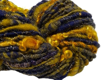 Super Bulky Handspun Yarn Cougars 64 yards blue gold yellow Angelina glitz sari silk threads curly mohair locks merino wool sparkly art yarn