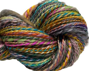Handspun Rainbow Yarn: Waste Not Want Not 2026-11 200 yards 2 ply recycled reused Wool, Silk, Alpaca, Mohair Blend