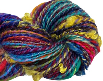 Handspun yarn Waste Not Want Not E 218 yards rainbow yarn wool bamboo silk mohair alpaca hemp angora knitting crochet supplies sari silk