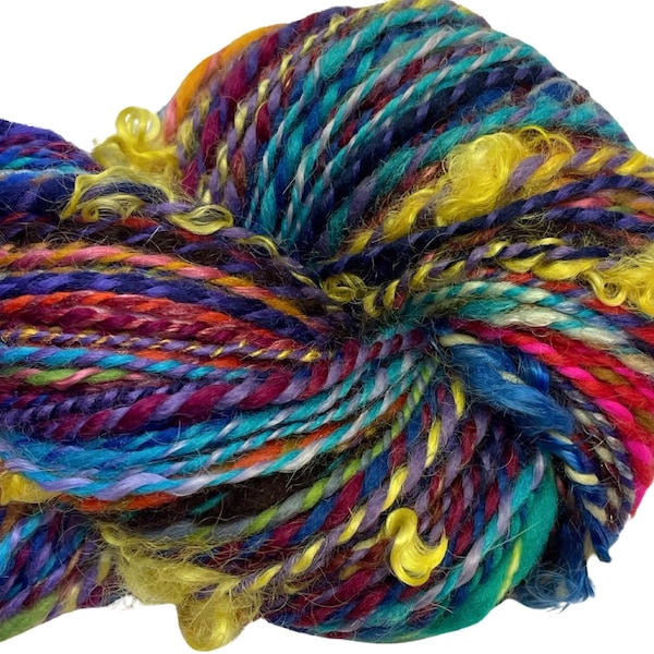 Handspun yarn Waste Not Want Not E 218 yards rainbow yarn wool bamboo silk mohair alpaca hemp angora knitting crochet supplies sari silk