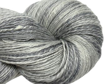 Handspun yarn Paler Shade of Grey 598 yards white gray yarn 2 ply tussah silk polwarth wool handdyed light worsted knitting weaving crochet