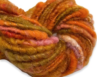 Super Bulky Handspun Yarn Orange All Day 56 yards peach pink corespun art yarn sparkly glitz silk hand dyed wool weaving knitting crochet