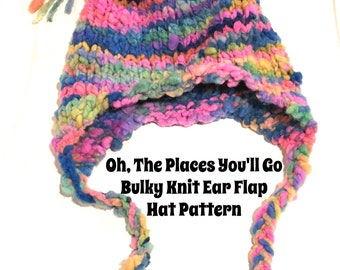 Oh The Places You'll Go Ear Flap Hat bulky knit pattern,  Handspun Yarn hat bulky hat, knit gift warm hat, funky hat, chunky hat, winter hat