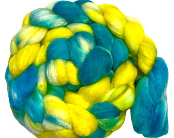 Sunny Days 6.6 oz  Hand Dyed Roving turquoise blue yellow white Wool Top Polwarth Silk blend spinning fiber felting weaving nuno wool top