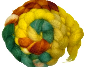 Hand Dyed BFL wool top Sunflower Fields 5.9 oz green orange yellow gold blue faced leicester BFL roving spinning fiber felting fiber l