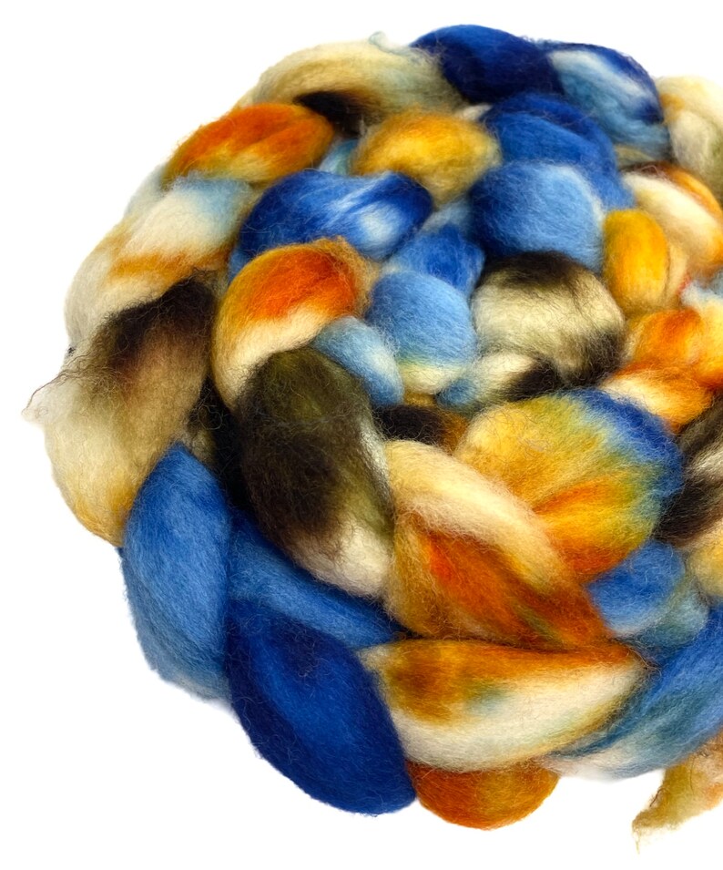 Hand Dyed BFL wool top Cowboy 6.13 oz blue brown white gold blue faced leicester BFL roving spinning fiber felting fiber image 3