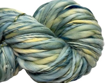 Super Bulky Handspun Yarn April 158 yards pastel green blue yellow thick thin hand dyed merino weaving knitting crochet weaving