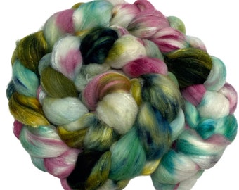 Among the Roses 5.95 oz Hand Dyed Roving rose pink white green Wool Top Polwarth Silk blend spinning fiber felting weaving nuno wool top