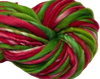 Super Bulky Handspun Yarn Merry Christmas 112 yards green red thick thin hand dyed merino weaving knitting crochet weaving