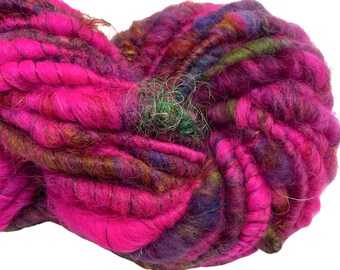 Super Bulky Handspun Yarn Sheena 38 yards bright pink rainbow  corespun yarn sari silk threads dyed wool weaving knitting crochet