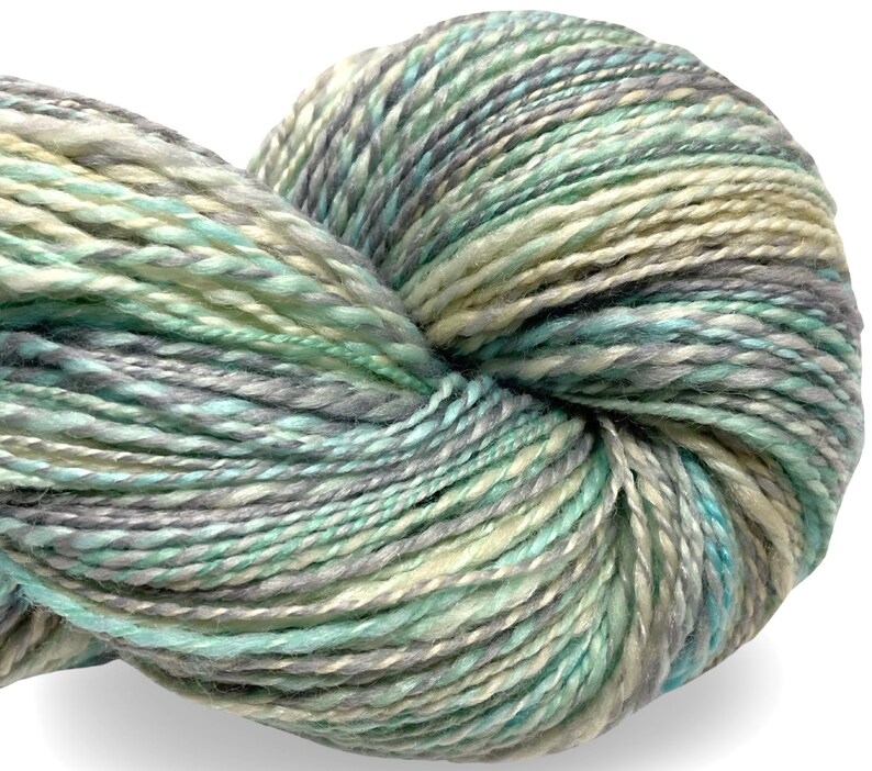Handspun yarn Easy Breezy 480 yards turquoise blue green ecru yarn 2 ply, tussah silk polwarth wool handdyed DK knitting weaving crochet image 7