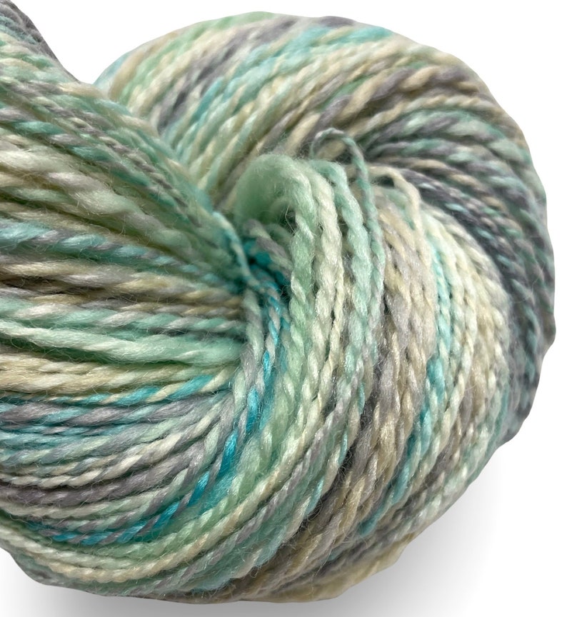 Handspun yarn Easy Breezy 480 yards turquoise blue green ecru yarn 2 ply, tussah silk polwarth wool handdyed DK knitting weaving crochet image 6