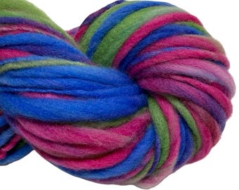Super Bulky Handspun Yarn Trio 82 yards green blue pink thick thin hand dyed superwash merino faux cashmere weaving knitting crochet weaving