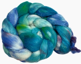 South Seas 4.012 oz Hand Dyed Roving blue green violet white Wool Top Polwarth Silk blend spinning fiber felting weaving nuno wool top