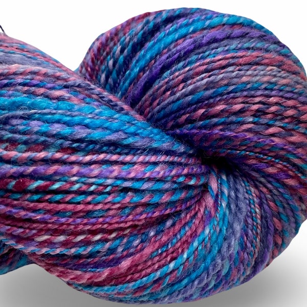Handspun yarn Royal Flush 370 yards turquoise blue pink purple yarn 2 ply, tussah silk polwarth wool handdyed DK knitting weaving  crochet