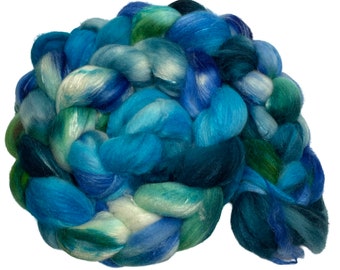 Escape 5.17 oz Hand Dyed Roving blue green Wool Top Polwarth Silk blend spinning fiber felting weaving nuno wool top