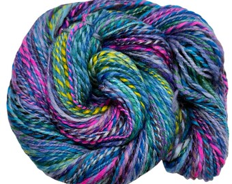 Handspun yarn Random Jewel Tones 270 yards blue teal pink green yellow yarn 2 ply falkland wool handdyed worsted knitting weaving crochet