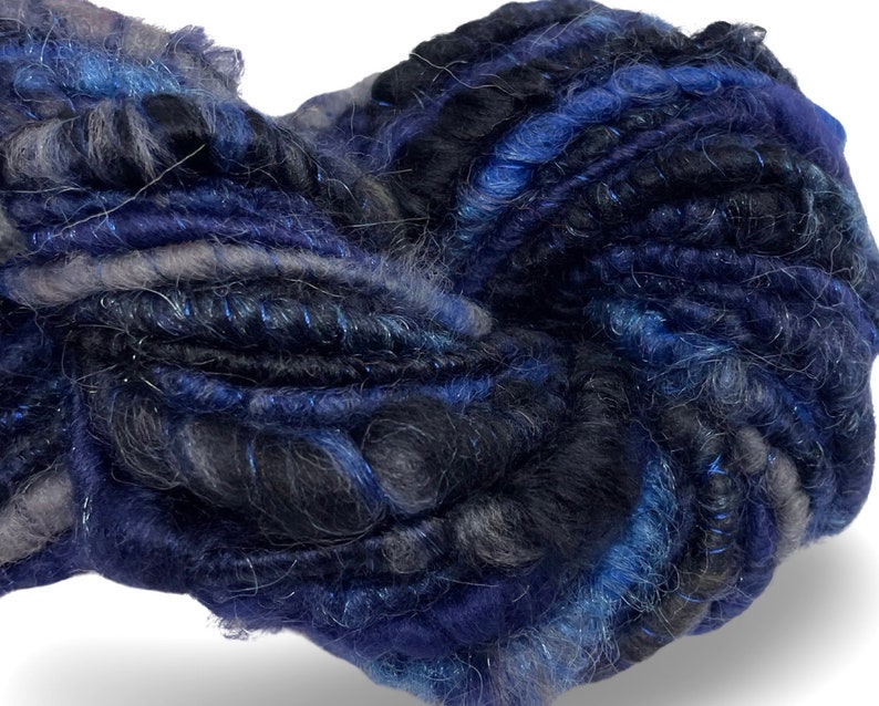 Super Bulky Handspun Yarn Blackened Blue 50 yards black gray grey corespun art yarn sparkle firestar merino wool weaving knitting crochet image 4
