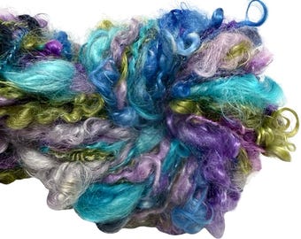 Super Bulky Lockspun handspun Wondrous Stories 28 yards art yarn blue green purple hand dyed curly mohair locks knitting  crochet supplies