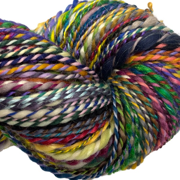 Handspun yarn Waste Not Want Not J 204 yards rainbow yarn wool bamboo silk mohair alpaca hemp angora knitting crochet supplies sari silk