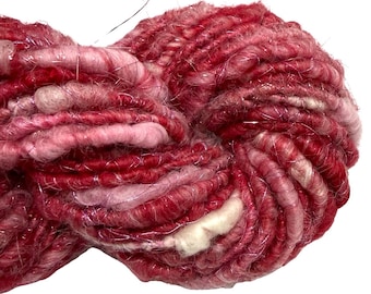 Super Bulky Handspun Yarn Be Mine 72 yards red pink Angelina glitz bamboo mohair firestar merino wool sparkly art yarn