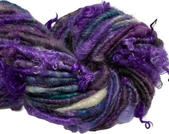 Super Bulky Handspun Yarn Evil Minions 70 yards teal black violet purple curly mohair locks merino wool art yarn