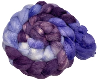 Purple People Eater 6.33 oz Hand Dyed Roving violet lavender Wool Top Polwarth Silk blend spinning fiber felting weaving nuno wool top