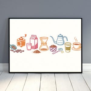 Pode incluir: Uma impressão emoldurada com uma ilustração colorida de equipamentos para fazer café. A imagem inclui um moedor de café, uma caixa de leite, um vertedor, uma chaleira, uma xícara de café e grãos de café. A obra de arte é delineada em preto com detalhes em laranja, rosa, azul e verde.